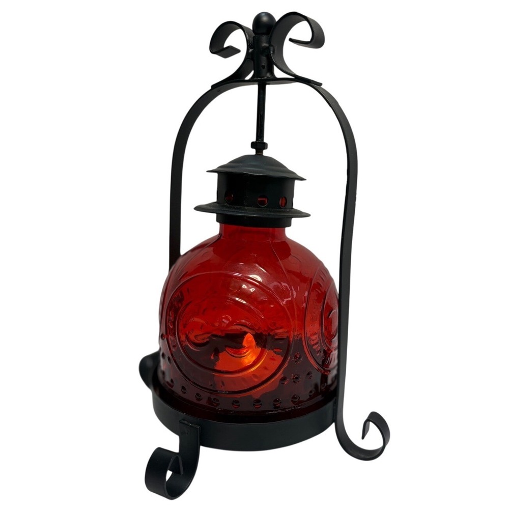 Red Glass Fleur De Lis Tea Light Lantern Black Metal Hanging Frame Vintage